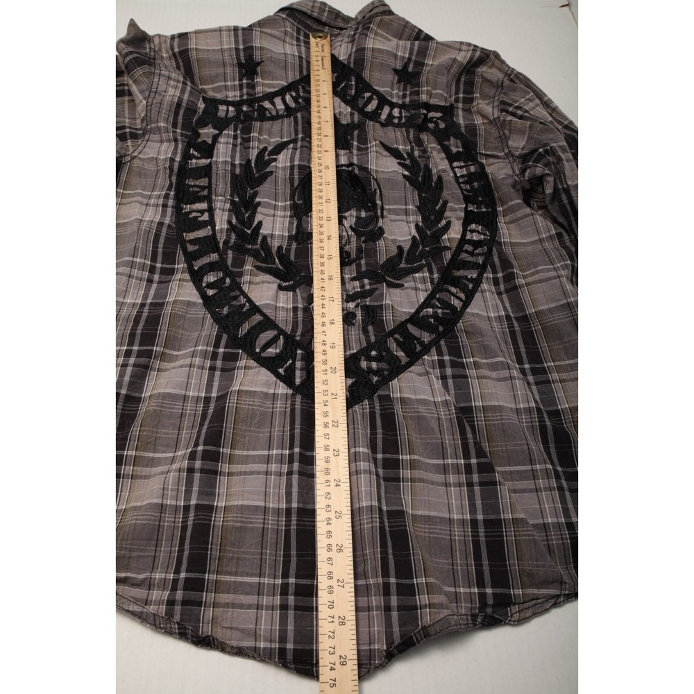 Affliction Shirt Mens Extra Large Gray Plaid Embroidered Skull Pockets * - Picture 10 of 12